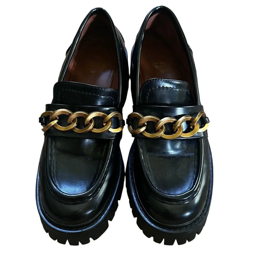 Zara Black Lug Sole With Gold Chain Link Platform Loafers Women's 7.5
